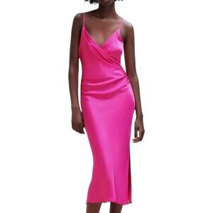Zara Slip Dress Size XS Fushia Pink Midi Sleeveless Ruched Satin Cocktail Party